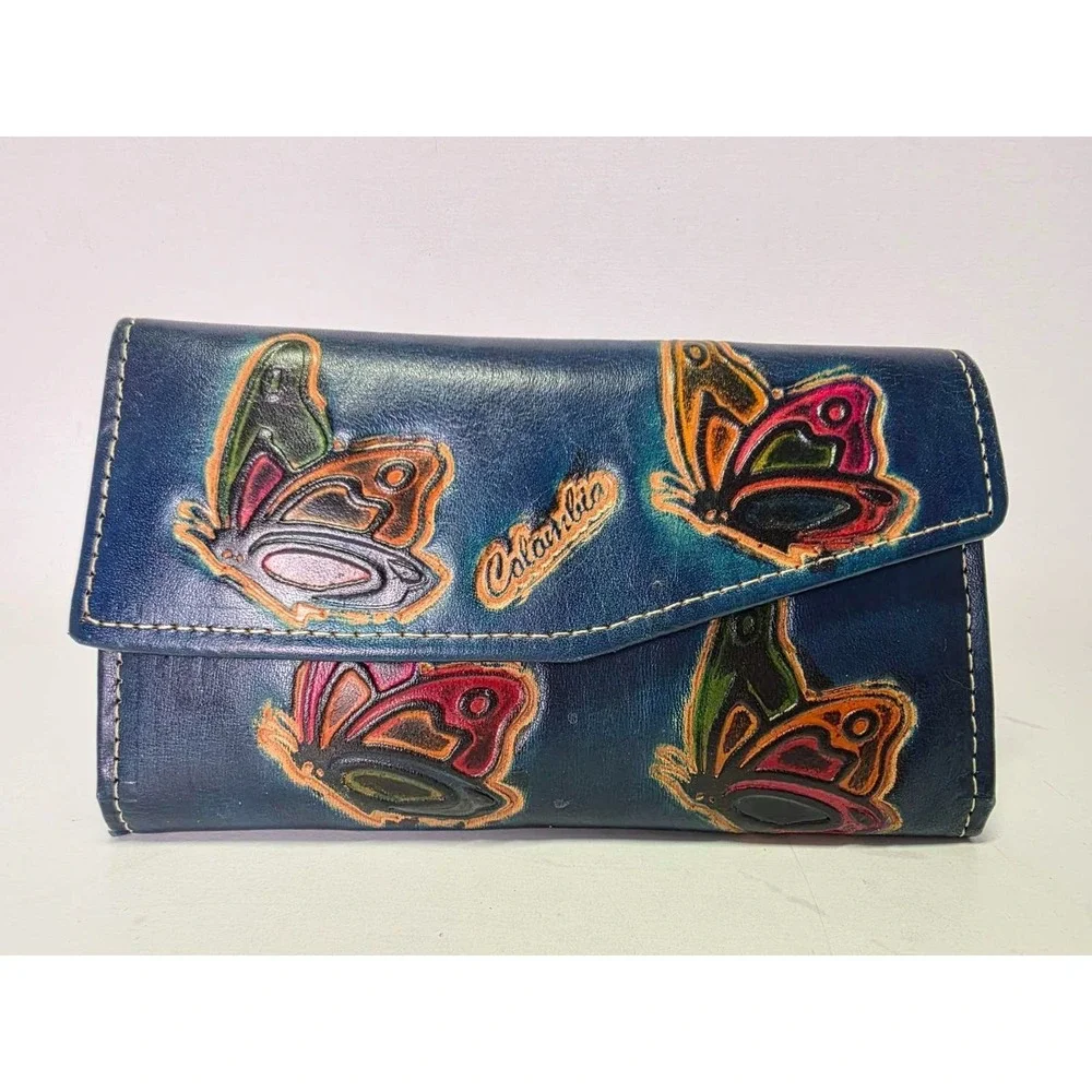 Hand-Painted‎ Leather Credit Card Wallet With Floral Butterfly Print Check Book